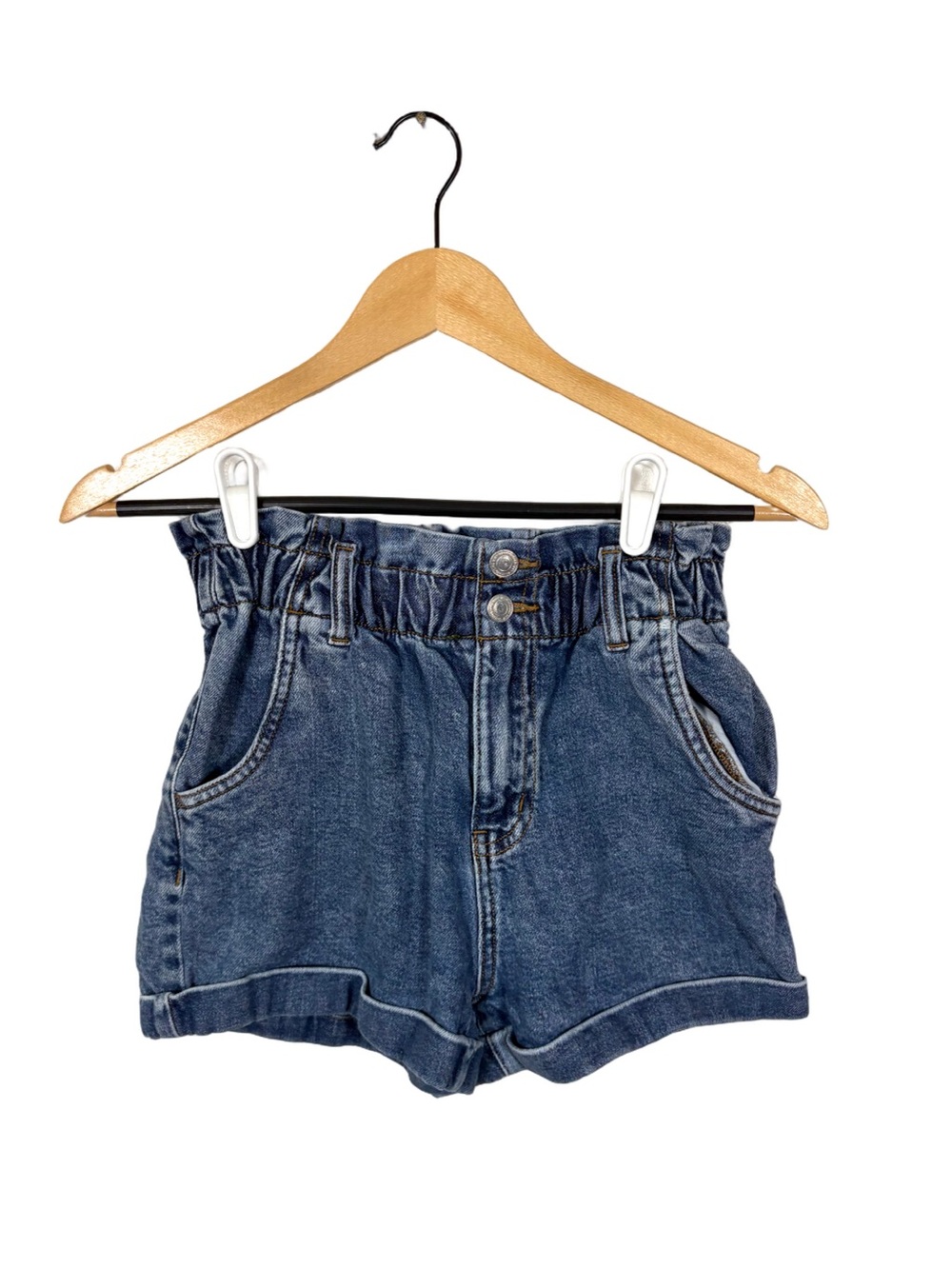SO High Rise Mom Shorts Juniors 1/25W Blue Denim Paperbag Waist Cuffed